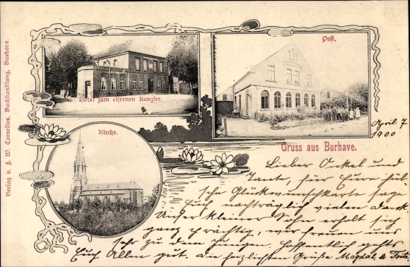 Postcard Burhave Butjadingen Wesermarsch, hotel to the iron chancellor, post office, church