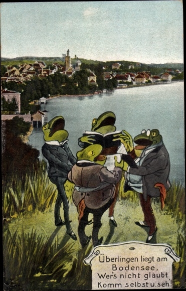 Postcard Überlingen am Bodensee, singing humanized frogs
