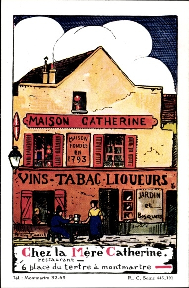 Artist Postcard Paris XVIII, Restaurant Chez la Mere Catherine, Place du tertre in Montmartre