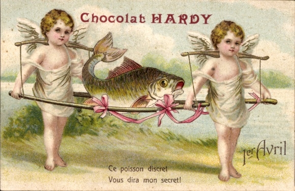Embossed PC April 1st, angel and fish, advertising, Chocolat Hardy
