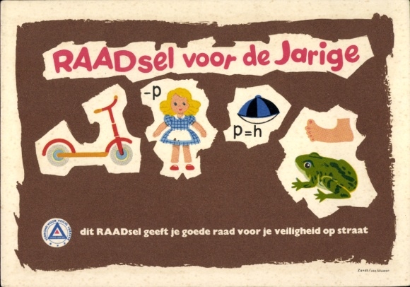 Rebus Postcard puzzles for children, advertising RAAD