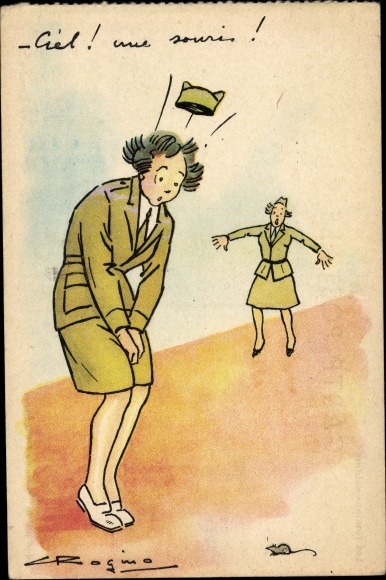 Postcard Women in uniforms, France, soldier is afraid of a mouse