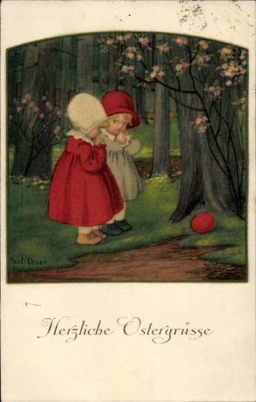 Kunstenaar Ak Ebner, Pauli, Gefeliciteerd Pasen, meisje vindt een paasei