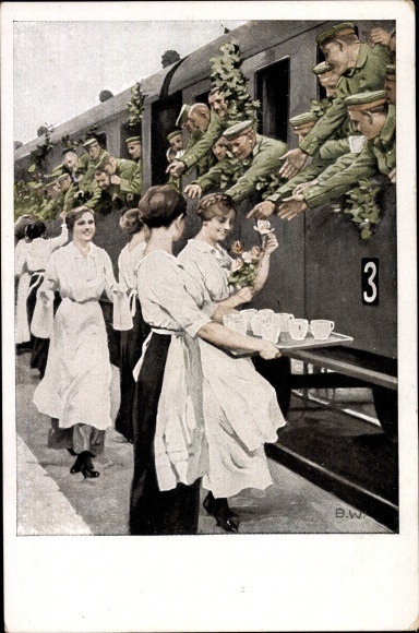Artist PC Wennerberg, B., refreshment station, soldiers get drinks, train, women
