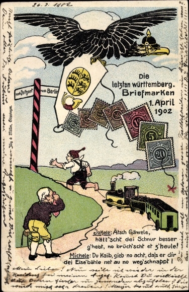Briefmarken Ak Die letzten württembergischen Briefmarken, 1 April 1902, Deutscher Adler, Dt. Michel