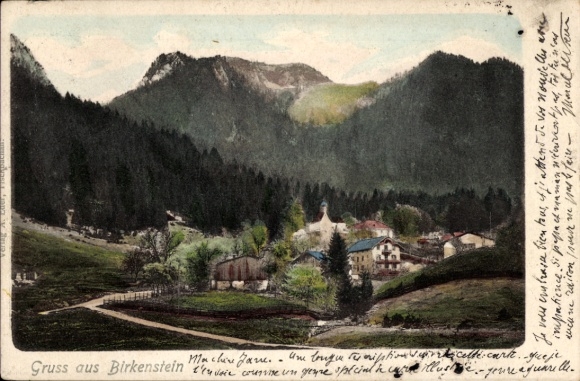 PC Birkenstein Fischbachau in Upper Bavaria, landscape with mountains, houses, forests, greeting text