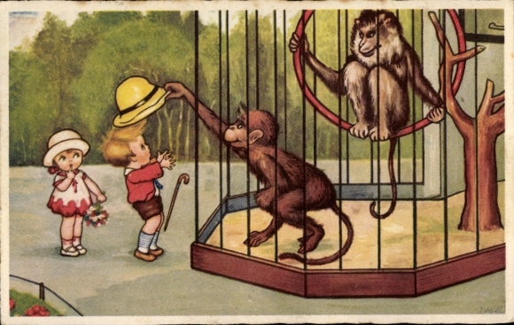 Kunstenaar Ak Boriss, M., Kinderen in de dierentuin, Aap stal een hoed, Amag 0305