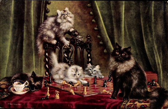 Artist Postcard cats with chessboard on a table