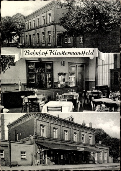 Postcard Klostermansfeld in Saxony-Anhalt, train station interiors, restaurant, station building