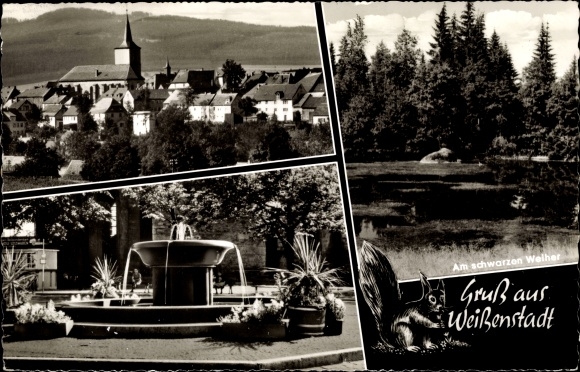 Postcard Weißenstadt in the Fichtelgebirge, on the black pond, panorama, fountain