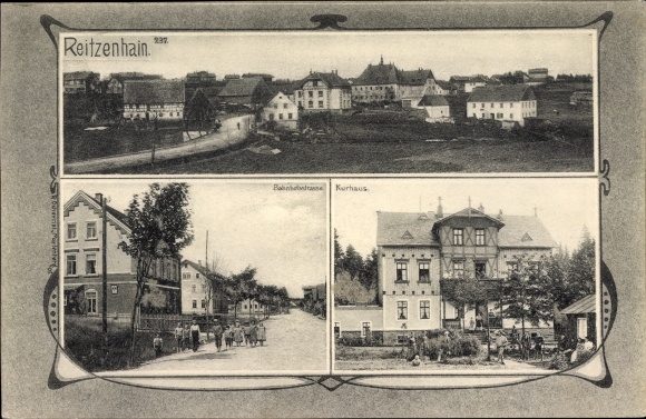 Ansichtkaart Reitzenhain Marienberg in het Ertsgebergte, overzicht, Bahnhofstrasse, Kurhaus