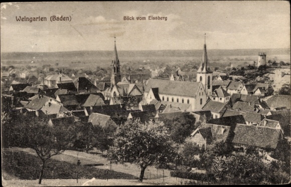 Postcard Weingarten in Baden, view from the Eissberg, cityscape, church towers, rural surroundings