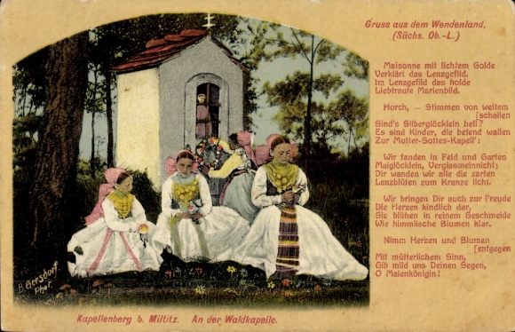 Postcard Schönberg am Kapellenberg Bad Brambach in Vogtland, children in traditional costume, chapel, flowering plants