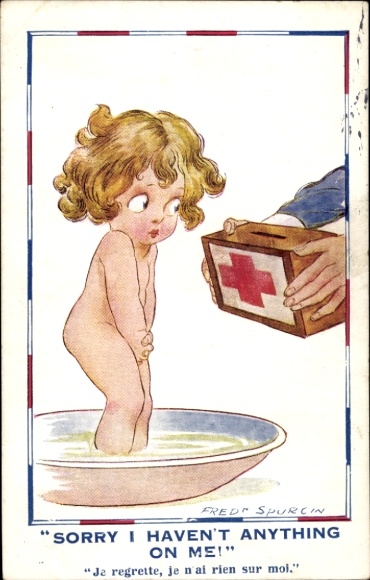 Artist Postcard Spurgin, F., Girl in bathtub, box with red cross