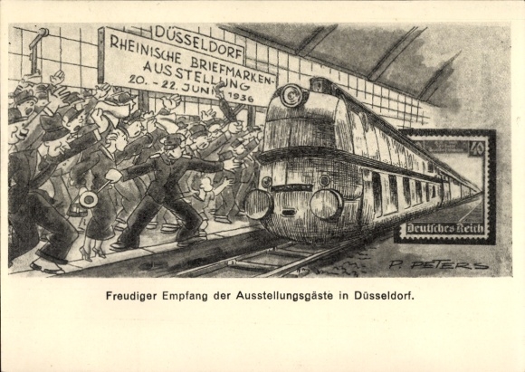 Postwaardekunstenaar Ak Peters, Düsseldorf, Rijnlandse Postzegeltentoonstelling juni 1936, Spoorwegen