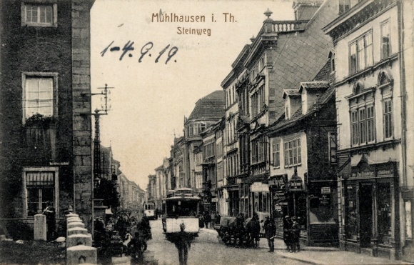 PC Mühlhausen in Thuringia, Steinweg Street, architecture, tram, dated 1-4.9.19