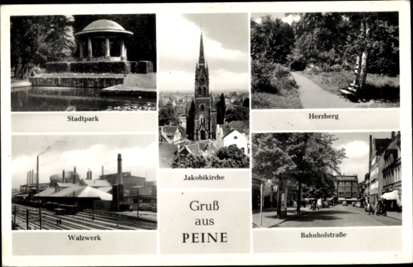 Postcard Peine in Lower Saxony, city park, Jakobikirche, rolling mill, Herzberg, Bahnhofstrasse