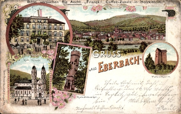 Chromo-Litho Eberbach am Neckar Odenwald Baden, Catholic Church, Hotel, Katzenbuckel, Powder Tower