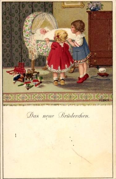 Künstler Ak Ebner, Pauli, Kinder Das neue Brüderchen, Kinder an der Wiege, Spielzeug