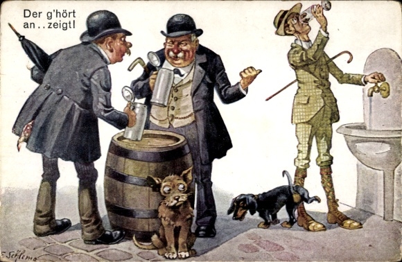Kunstenaar Ak Schlemo, E., Wie erbij hoort geeft aan, Twee mannen met bierpullen, waterdrinkers, teckels