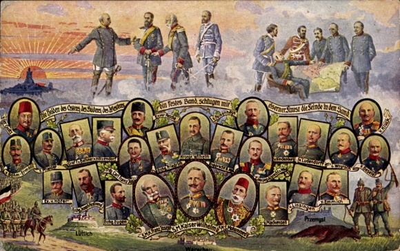 Postcard Kaiser Franz Joseph I, Kaiser Wilhelm II, Mohammed V, Enver Pascha, Emmich, Mackensen