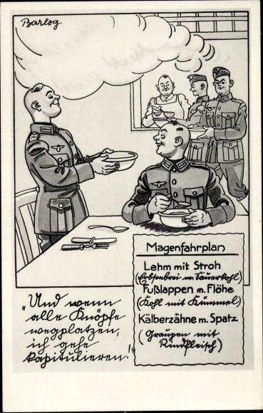 Künstler Ak Barlog, Deutsche Wehrmacht, Magenfahrplan, Lehm mit Stroh
