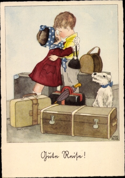 Artist PC Lindeberg, have a good trip, kiss goodbye, suitcase, luggage, dog