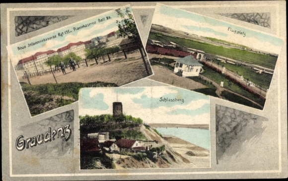 Postcard Grudziądz Graudenz West Prussia, infantry barracks Regt No. 175, pioneer barracks Batl 26, airfield