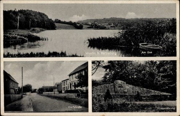 PC Mustin in Schleswig Holstein, view over the lake, village street, war memorial