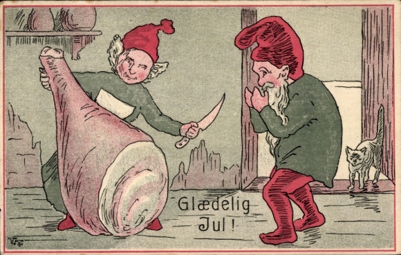 Postcard Merry Christmas, dwarves, ham