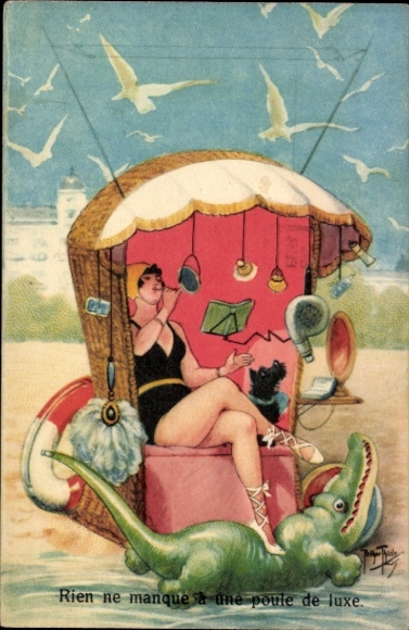 Artysta KP Thiele, A., Kobieta w czarnym kostiumie kąpielowym, leżaku plażowym, krokodylu