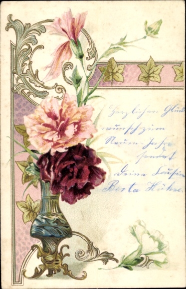 Art Nouveau Postcard Carnations, Flower Vase