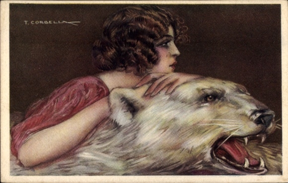 Artist Postcard Corbella, T., Brunette woman on a polar bear skin