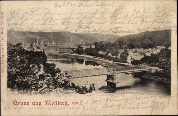 Postcard Mettlach im Saarland, city view, bridge, river