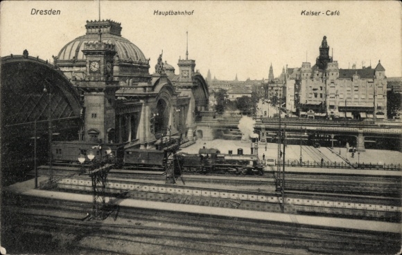 Ak Dresden Altstadt Seevorstadt, Hauptbahnhof, Gleisansicht, Kaiser-Café
