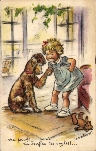 Artist Postcard Bouret, Germaine, Girl with a Poodle, Teddy Bear