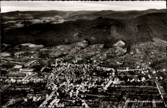 Postcard Leutershausen Hirschberg an der Bergstraße, aerial view of landscape, Bergstraße, church