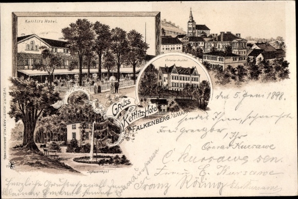 Chromo-Litho Falkenberg in the Mark, Kettlitz Hotel, view of the town