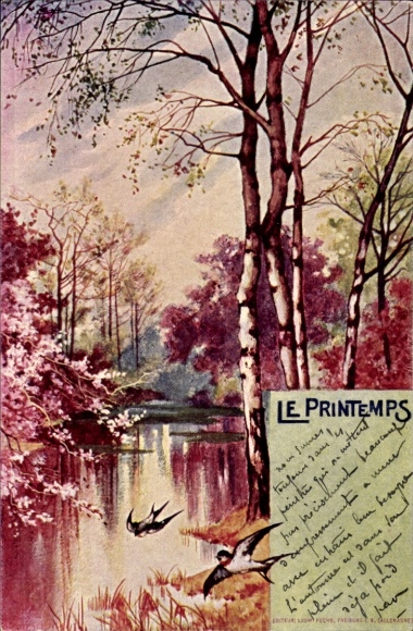 Chromo-Litho spring, allegory, season, swallows, forest, river, tree blossom