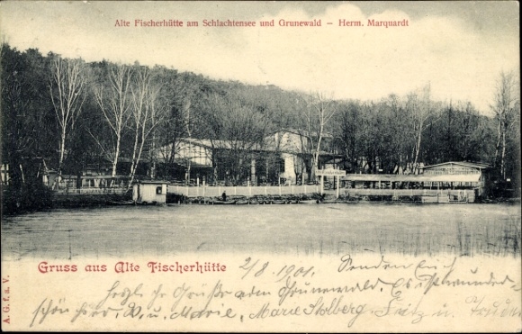 Postcard Berlin Zehlendorf, Schlachtensee, Old Fisherman's Hut, owner Herm. Marquardt, Grunewald