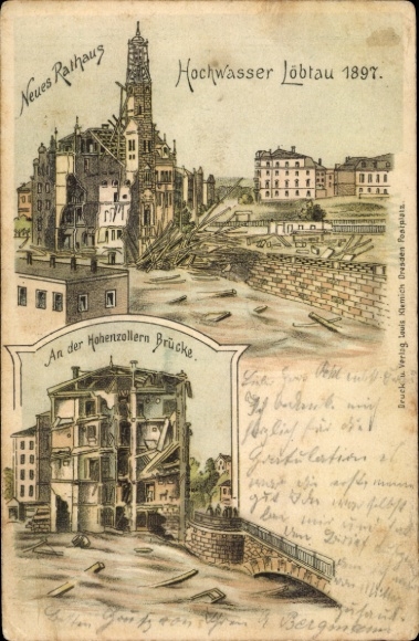 litho Dresden Löbtau, overstroming 1897, stadhuis, Hohenzollernbrug