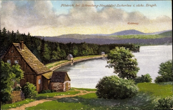 Postcard Neustädtel Schneeberg in the Ore Mountains, mountain lake Filzteich, dam
