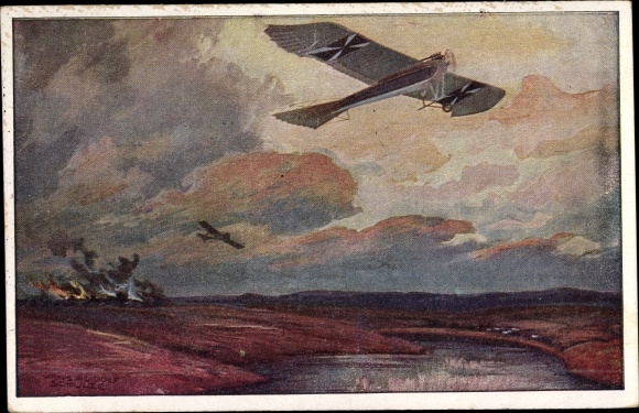 Artist PC Schulze, Hans Rudolf, military pigeon on reconnaissance flight at the Masurian lakes, I. WW