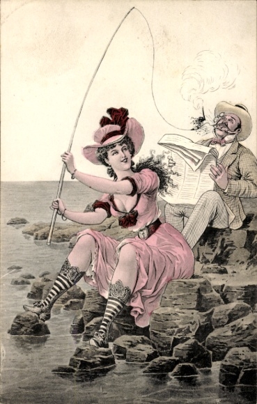 Postcard Sect sheets for a happy mood, young woman fishing, eroticism, man reading the newspaper