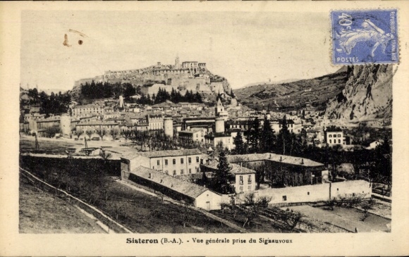 Postcard Sisteron Alpes de Haute Provence, beautiful landscape, city view, castle on the hill