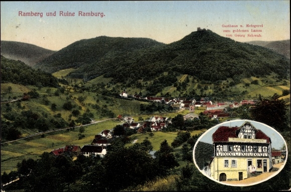Postcard Ramberg in der Pfalz, general view, ruins of Ramburg, inn and butcher&#39;s shop at the golden lamb