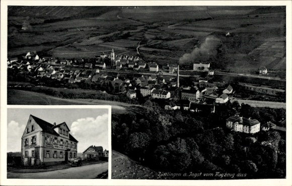 Ak Züttlingen Möckmühl in Württemberg, Stadtansicht, Gasthof, Bahnhof, Berge, schwarzer Himmel