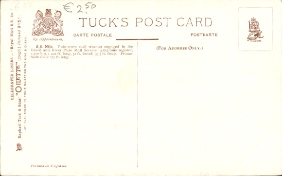 Kunstenaarsansichtkaart Stoomboot SS Nile, Royal Mail Lines