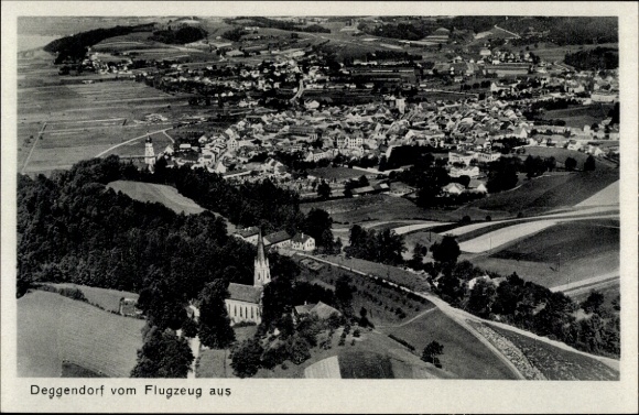 Postcard Deggendorf, aerial photograph, fields, houses, forests