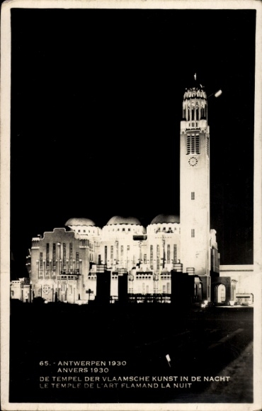 Postcard Antwerp Flanders, World Exhibition 1930, Temple of Flemish Art, night lighting